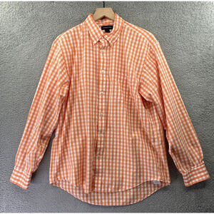Lands End Button Shirt XL 16.5 Orange White Plaid Check Long Sleeve Preppy
